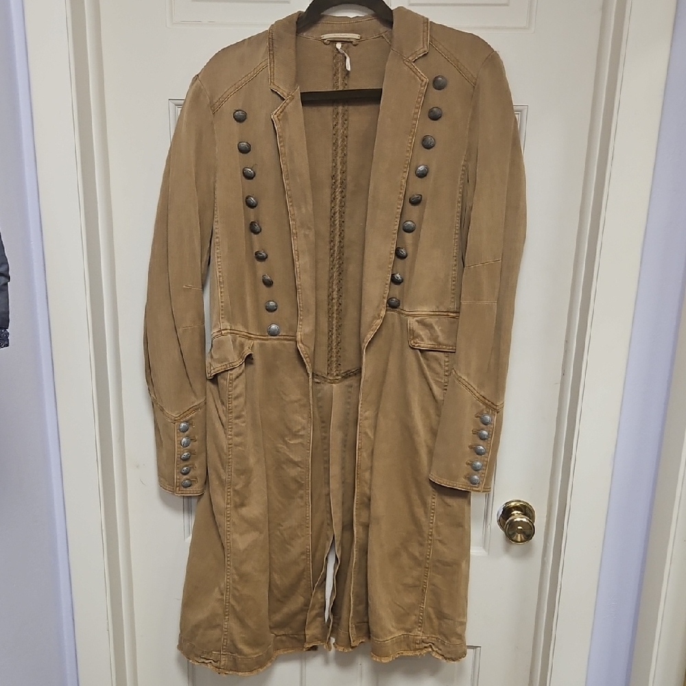 Free People Tan Long Coat with Button Details